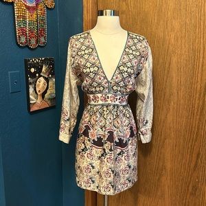 Johnny Was Silk Blouse with Embroidered Lace Appliqué & Tie Back. Large